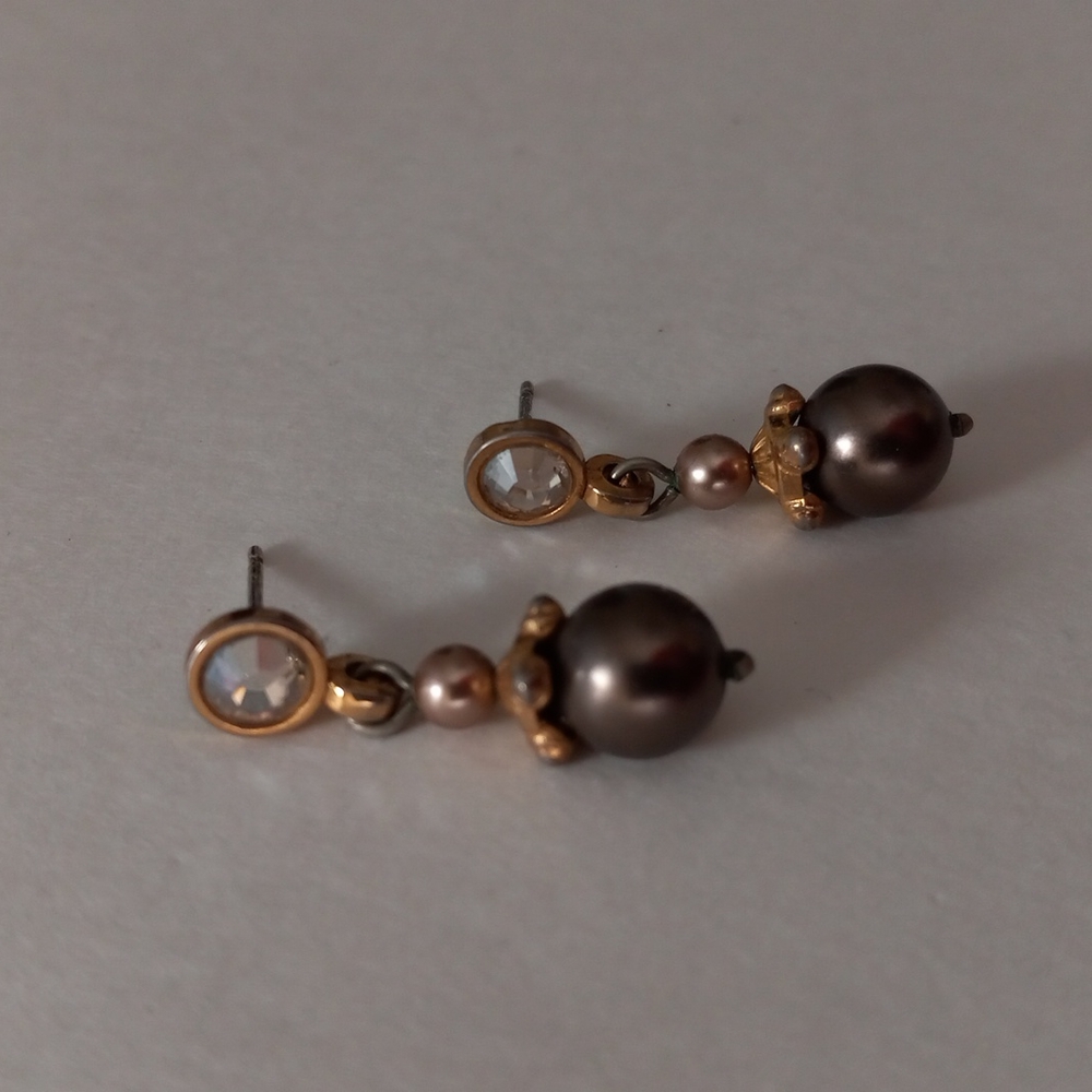BRIGHTON  DROP EARRINGS  Black Pearl Stud Large Diamond Goldtone Setting COPY